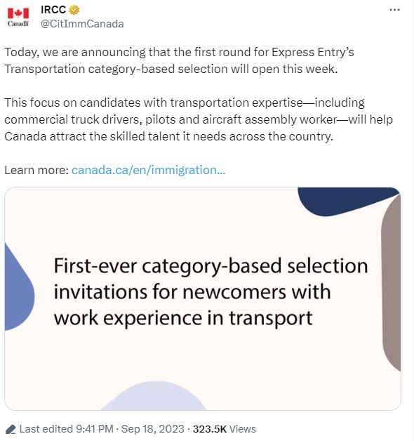 IRCC Twitter Post for transport workers